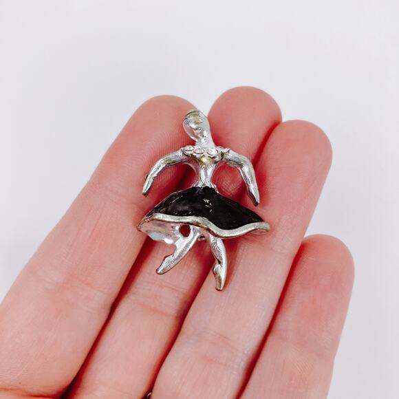 VTG 1950s Pin Ballerina Rhinestone Black Enamel Mid Century Brooch Silver Tone - Picture 2 of 11